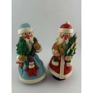 Vintage Folk craft Set Of‎ 2 Santa Figurines christmas Blue Red